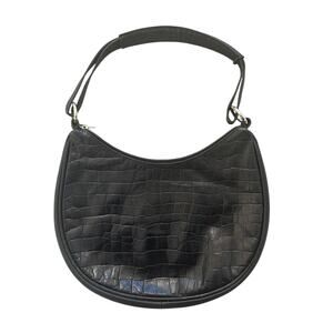 Maurizio Taiuti Leather Handbag Shoulder Bag Black Embossed Croc Half Moon Hobo